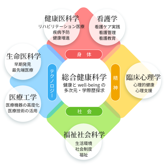 総合健康科学を中心に、身体・精神・社会・テクノロジーの4つの軸と、健康医科学、看護学、臨床心理学、福祉社会科学、医療工学、生命医科学の6領域の関係を示す図。
